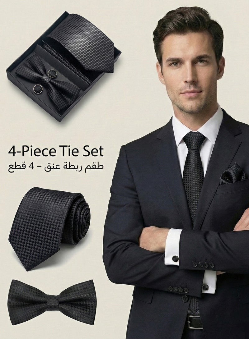 FIORICASA 4-PIECE Men's Tie & Bowtie Gift Set - Classic Black Micro-Check Patterned Necktie with Matching Bow Tie, Pocket Square and Cufflinks - Formal Business Suit Accessory Box - Image 1